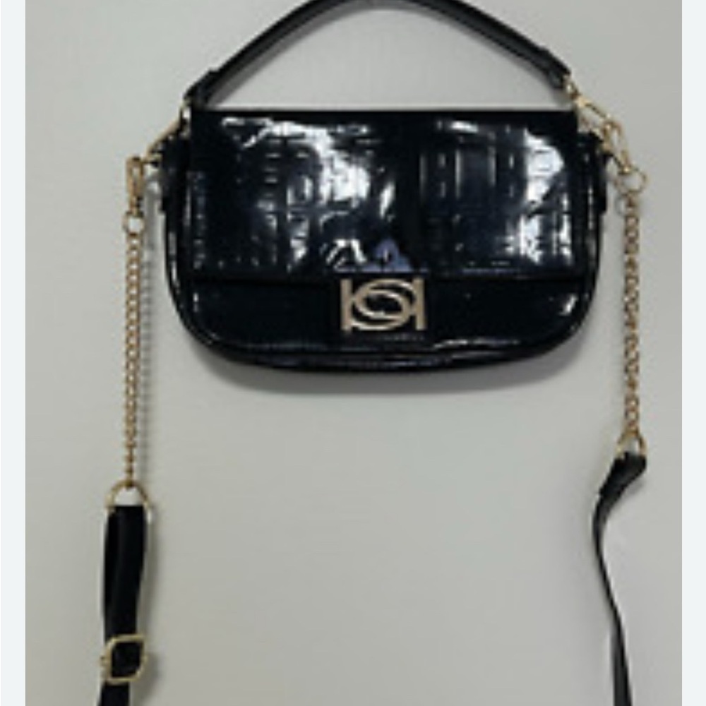 Bebe Black Patent leather Crossbody Bag with gold accents Chain and Glossy. NWT